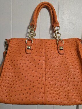 Imoshion Sachel Tote Orange Ostrich Embossed Bag w/gold hardware Faux Leather